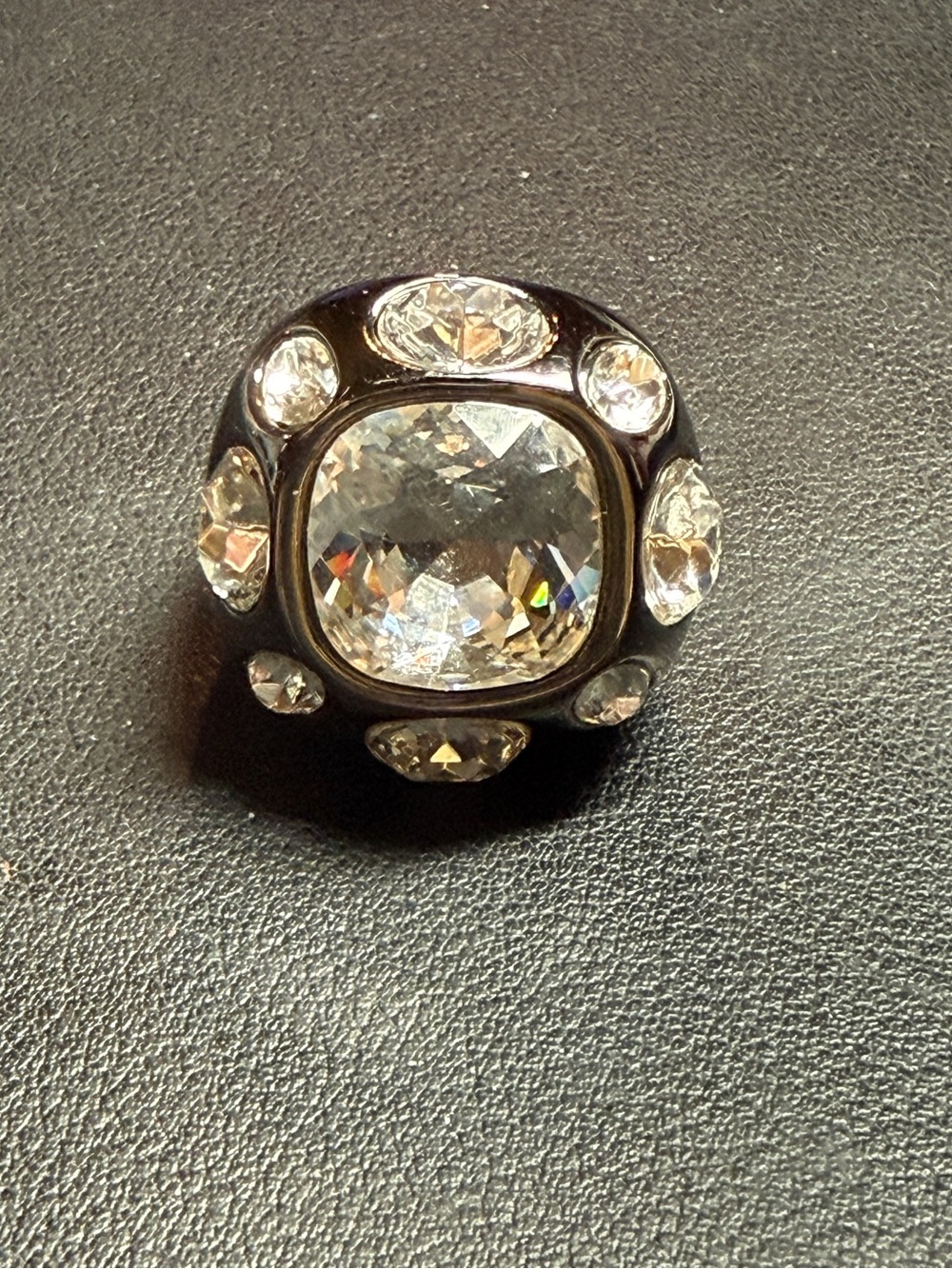 90s KJL Kenneth Jay Lane Black & Clear Crystal Gunmetal Cocktail Ring Size 6.25
